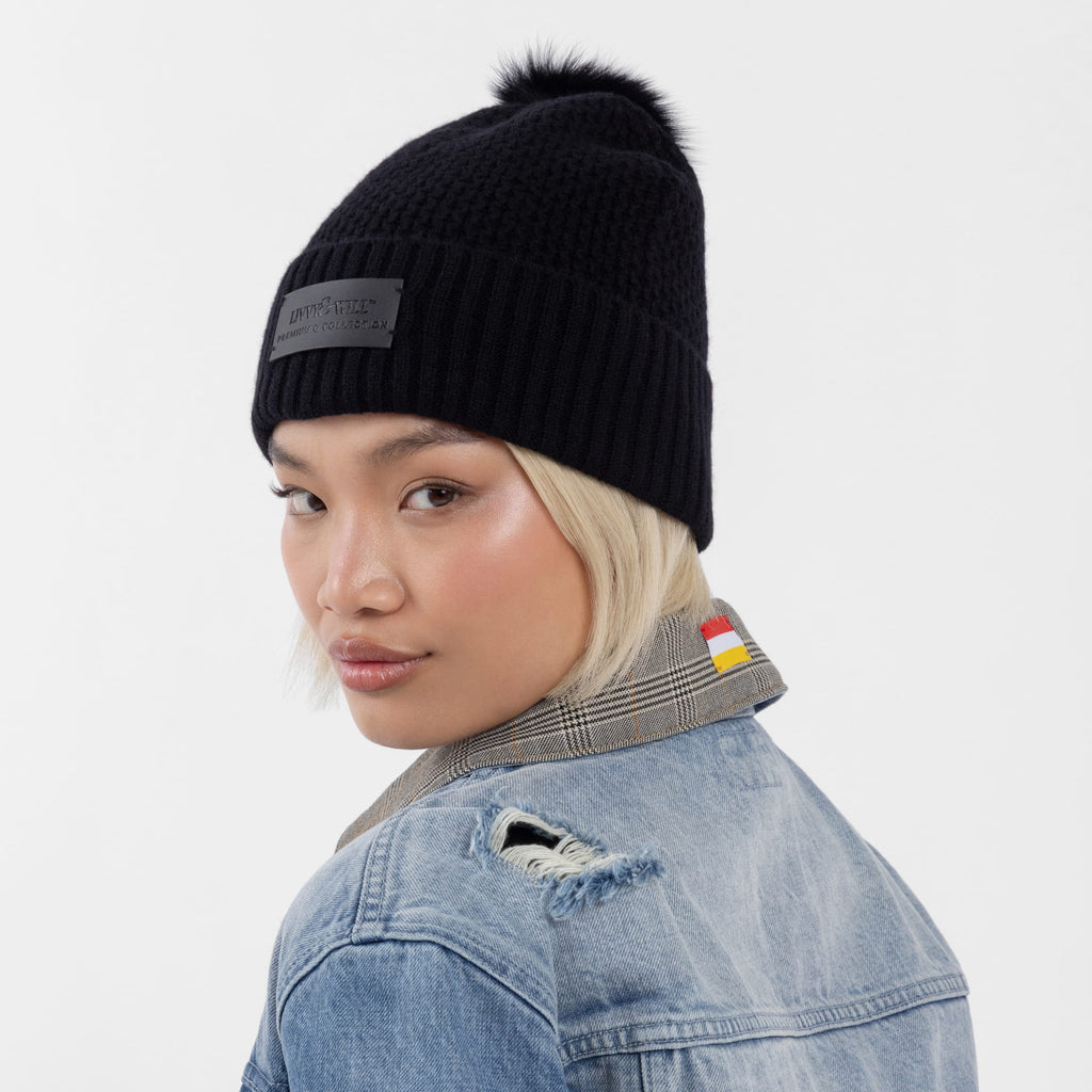 Black 100% Cashmere Beanie with Pom Pom (The Lee Cashmere Collection)
