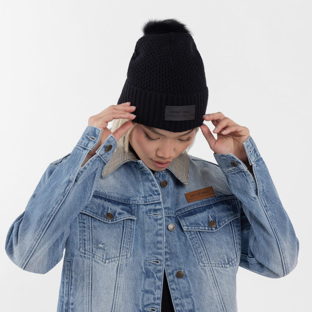 Black 100% Cashmere Beanie with Pom Pom (The Lee Cashmere Collection)