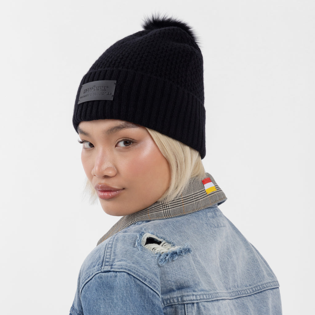 Black 100% Cashmere Beanie with Pom Pom (The Lee Cashmere Collection)