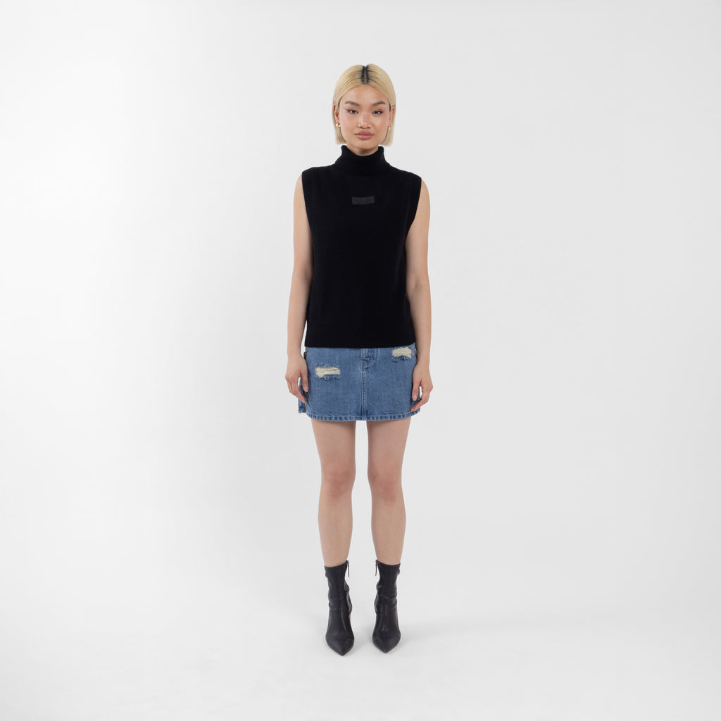 Black 100% Cashmere Sleeveless Polo Neck Ribbed Sweater (The Lee Cashmere Collection)
