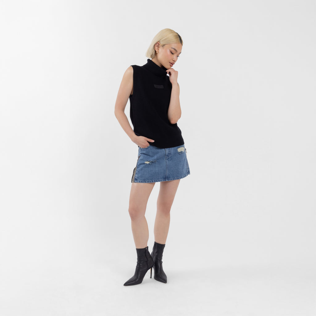 Black 100% Cashmere Sleeveless Polo Neck Ribbed Sweater (The Lee Cashmere Collection)