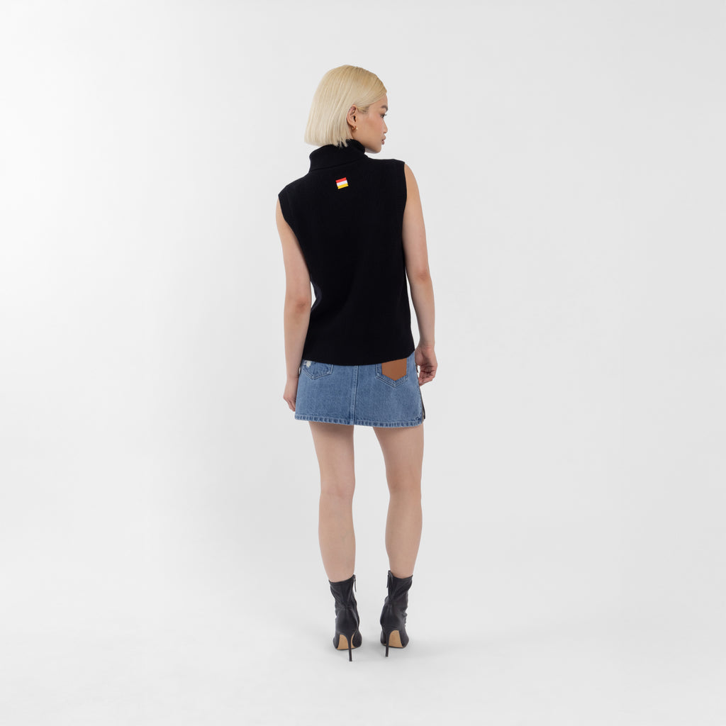 Black 100% Cashmere Sleeveless Polo Neck Ribbed Sweater (The Lee Cashmere Collection)