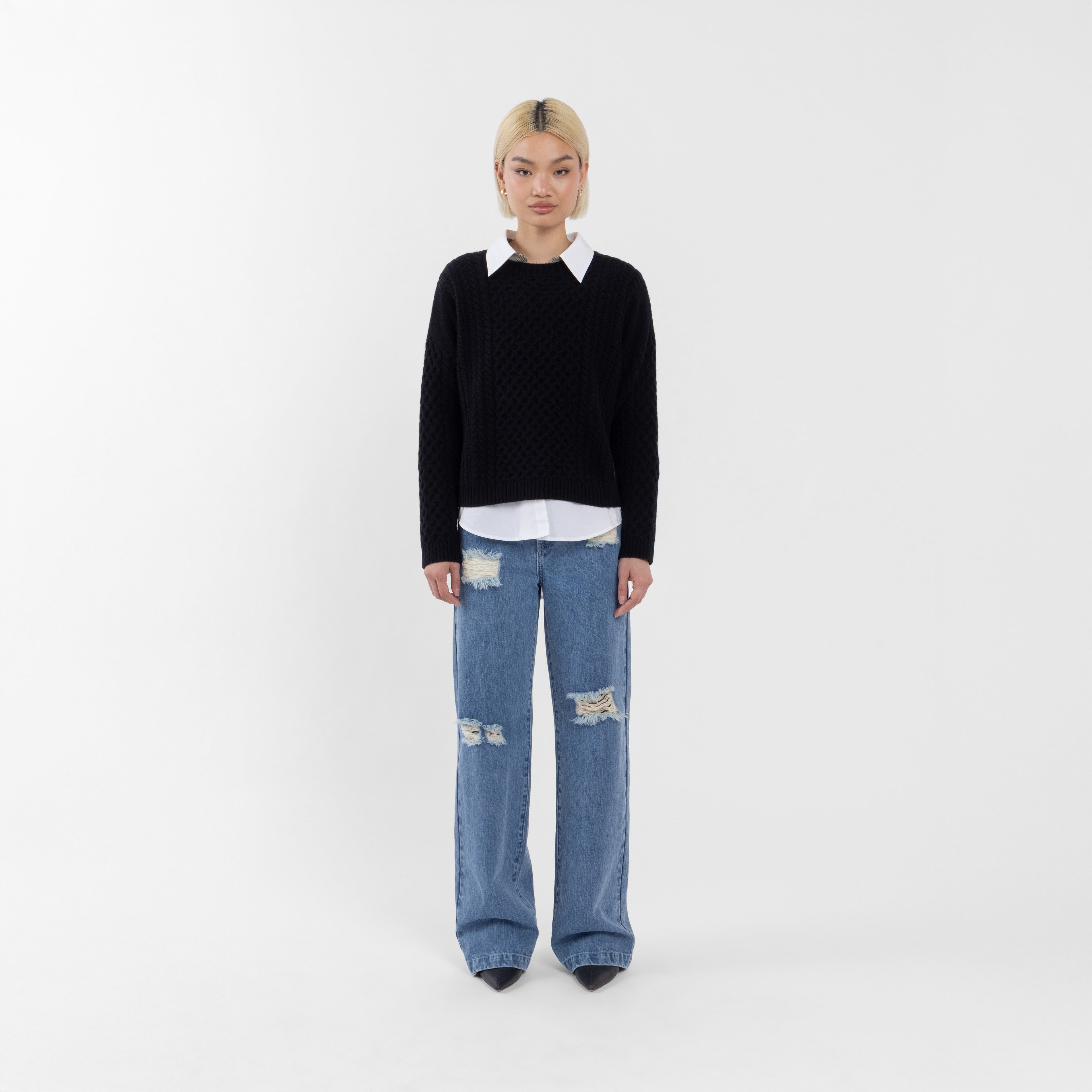 Black Merino Wool Boxy Fit Sweater (Olivia Claire Collection)