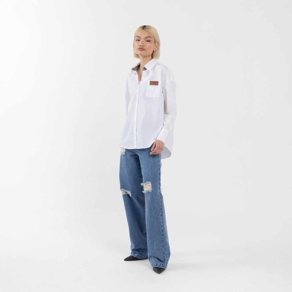 100% Cotton White Oversized Shirt with a twist (Olivia Claire Collection)